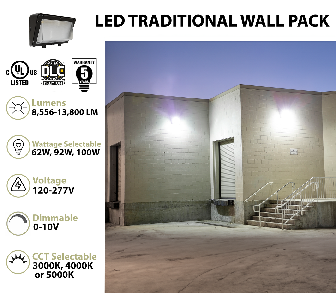 LED Traditional Wall Pack, 13,800 Lumen Max, Wattage and CCT Selectable, 120-277V, Tempered Glass Lens