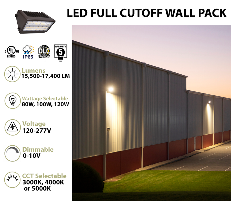 LED Full Cutoff Wall Pack, 17,400 Lumen Max, Wattage and CCT Selectable, Integrated Photocell, 120-277V