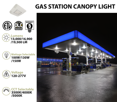 LED Gas Station Canopy Light, 19,500 Lumen Max, Wattage & CCT Selectable, 120-277V