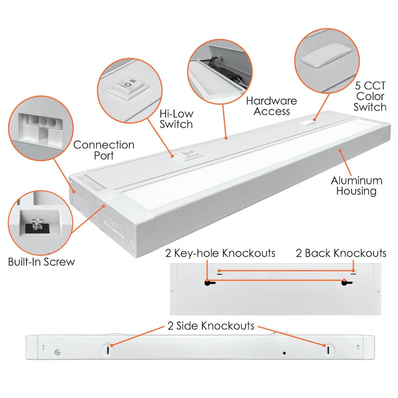 28" LED Undercabinet Bar Light, 12W, 900 Lumens, CCT Selectable, 120V, White or Bronze Finish