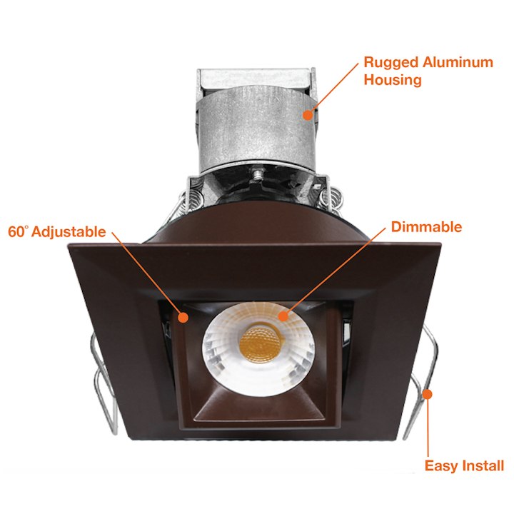 1" LV Square Gimbal Downlight: Mini-Line, 6W, 3000K, 12V, White, Black or Bronze Finish