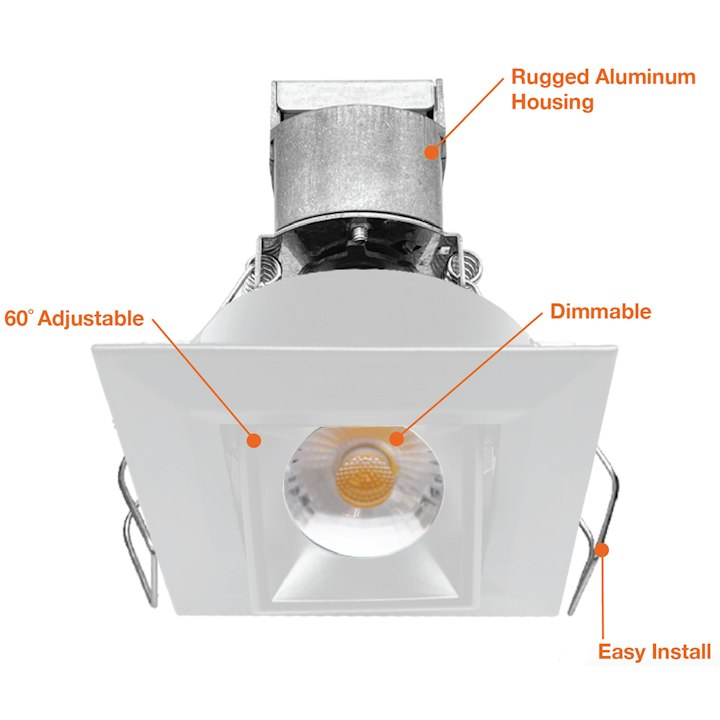 1" LV Square Gimbal Downlight: Mini-Line, 6W, 3000K, 12V, White, Black or Bronze Finish