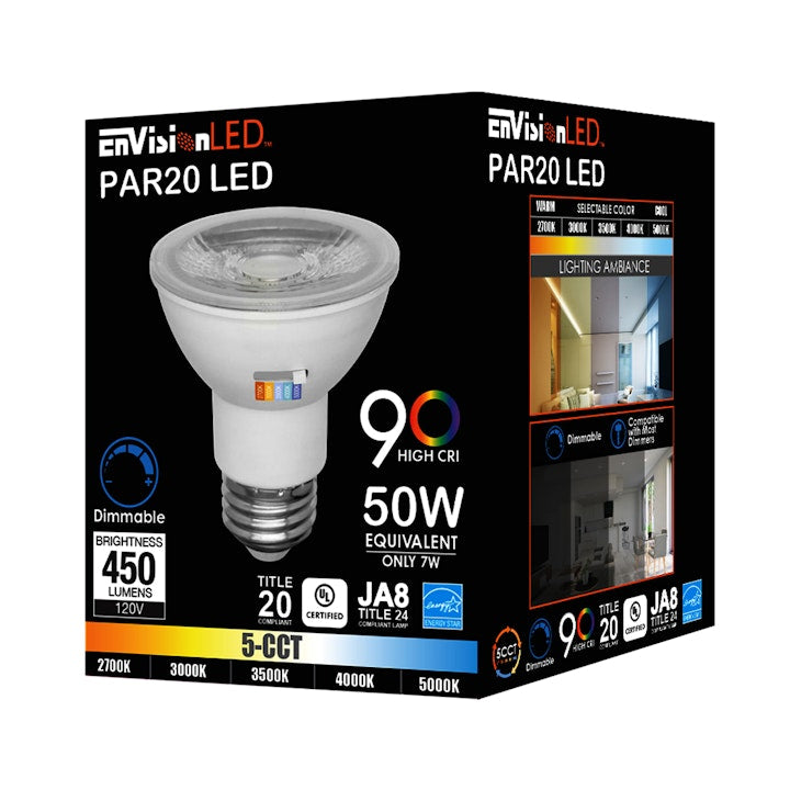 10PK PAR Series: 5-CCT LED Bulb, PAR20 50W Equivalent, 7W, 120V