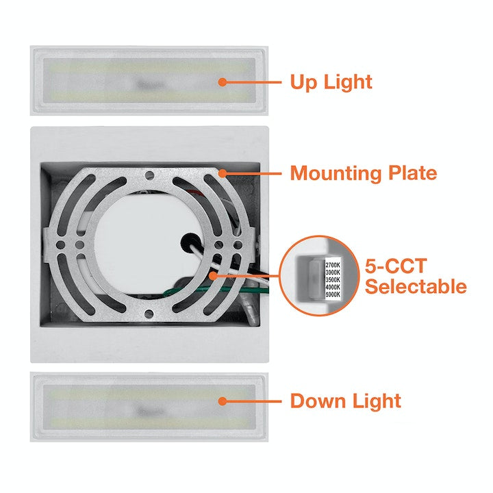 Modern Square Sconce Light, 1000 Lumens, CCT Selectable, 120V, White or Black Finish