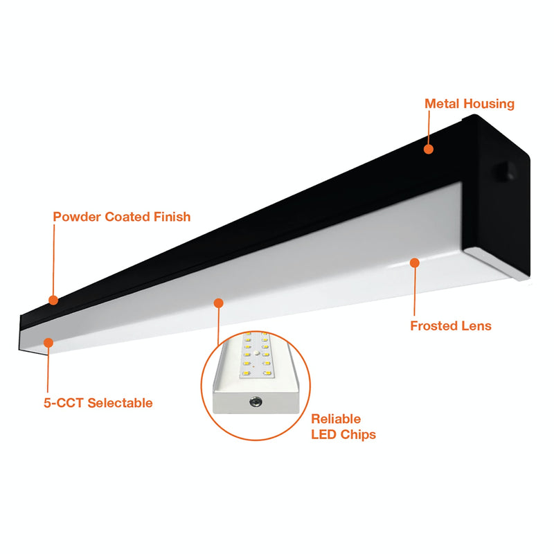 4FT Suspended Down Linear Fixture, 6500 Lumen Max, Wattage and CCT Selectable, 120-277V, Black or White Finish