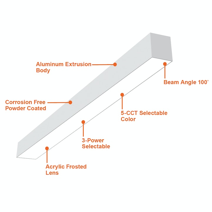 4FT Architectural Linear Downlight, 6000 Lumen Max, Wattage and CCT Selectable, 120-277V