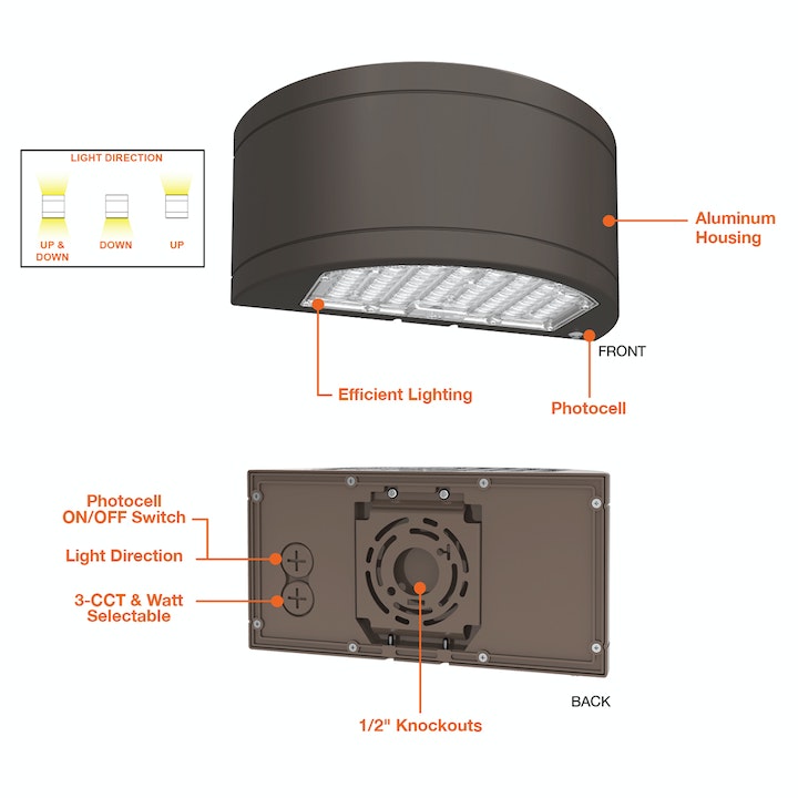 LED Semi-Circle Up/Down Wall Pack, 11,600 Lumen Max, CCT and Wattage Selectable, Integrated Photocell, 120-347V