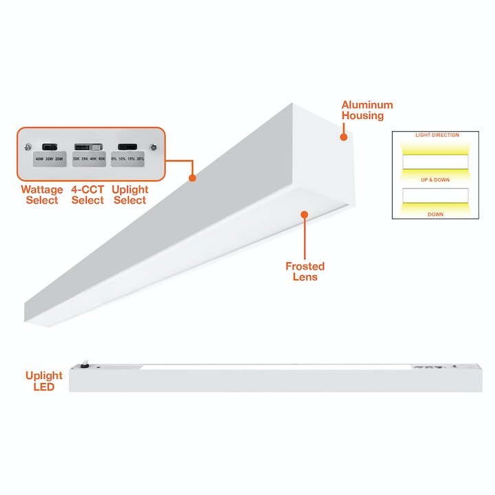 4FT C-Line: Suspended Linear w/ Uplight, 6250 Lumen Max, Wattage and CCT Selectable, 120-277V, Black or White Finish