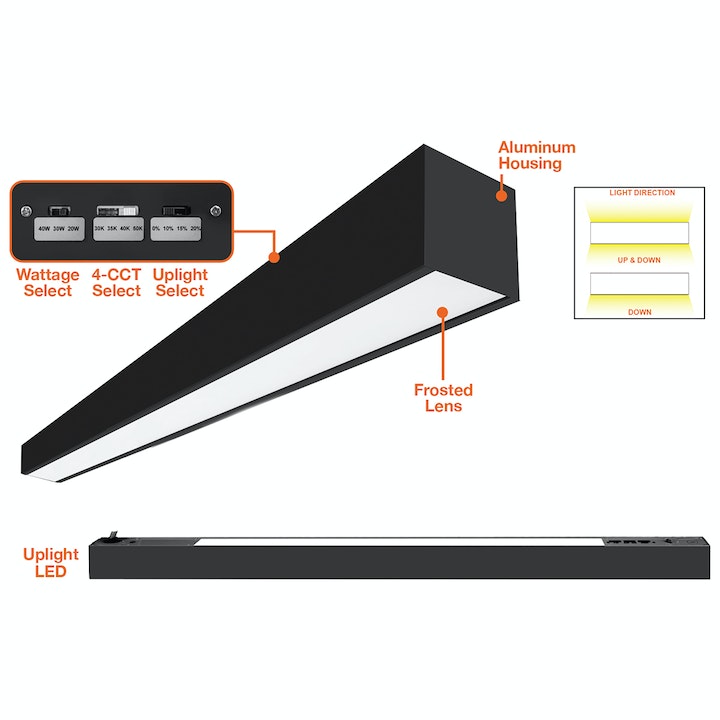 4FT C-Line: Suspended Linear w/ Uplight, 6250 Lumen Max, Wattage and CCT Selectable, 120-277V, Black or White Finish