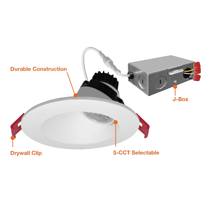 4" Regressed Gimbal Downlight for Sloped Ceilings (Canless), 8W, CCT Selectable, 120V, White or Black Round