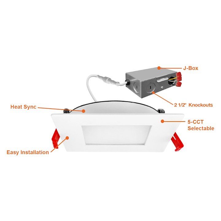 6" External J-Box Square Downlight: Slim-Line, 1150 Lumen Max, Wattage and CCT Selectable, 120V