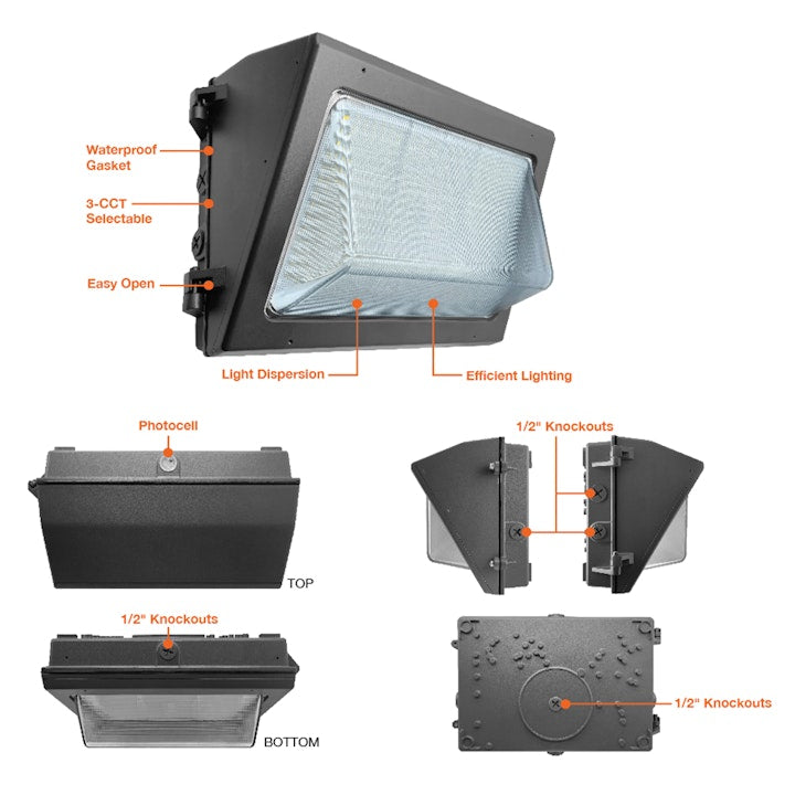 Wall Pack Full-Line w/ Photocell, 16,800 Lumen Max, Wattage and CCT Selectable, 120-277V, Black or White Finish