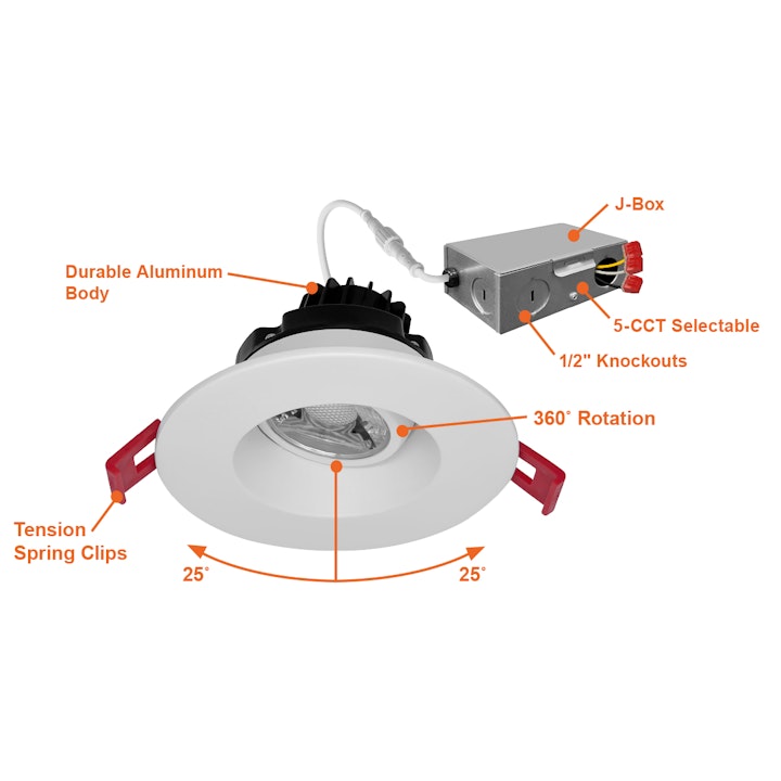 3" Regressed Gimbal Round Downlight: SnapTrim-Line, 600 Lumens, 8W, CCT Selectable, 120V