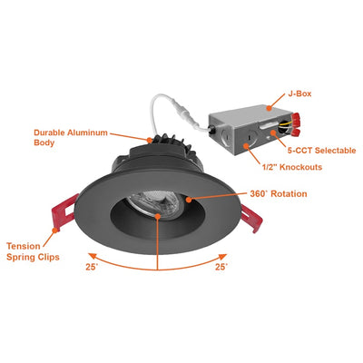 3" Regressed Gimbal Round Downlight: SnapTrim-Line, 600 Lumens, 8W, CCT Selectable, 120V