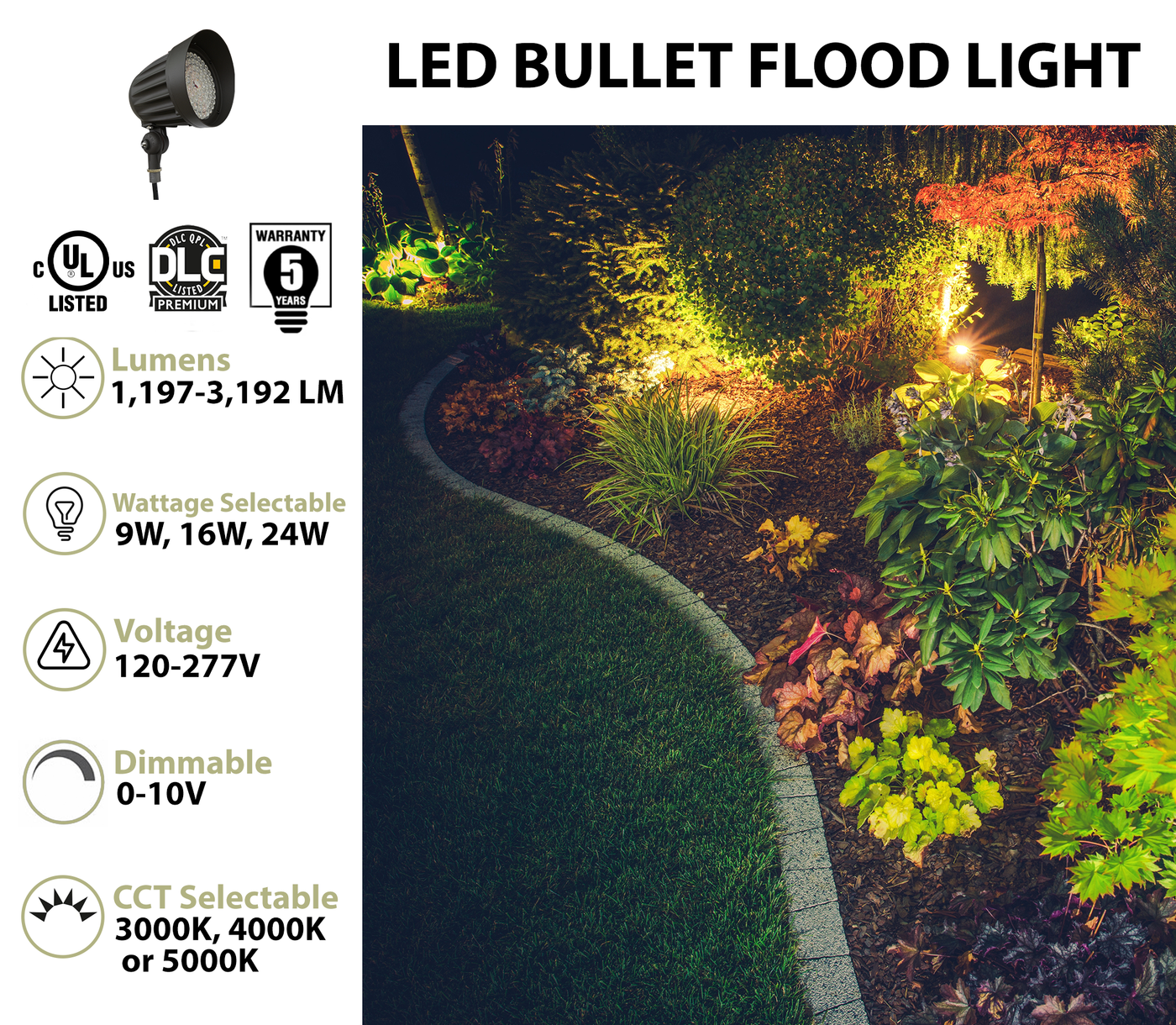 LED Bullet Flood Light, 3200 Lumen Max, Wattage and CCT Selectable, 25° and 45° Optic, Integrated Photocell, Knuckle Mount, 120-277V, Bronze