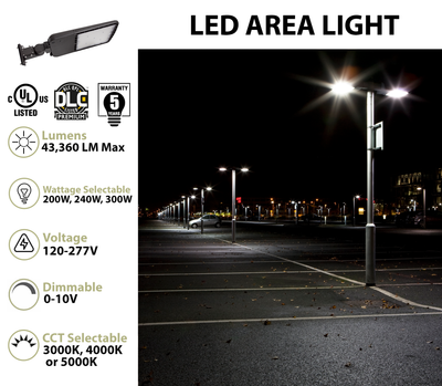 LED Area/Parking Lot Light, 43,360 Lumen Max, Wattage & CCT Selectable, Type II, III, IV, or V Optics, 120-277V
