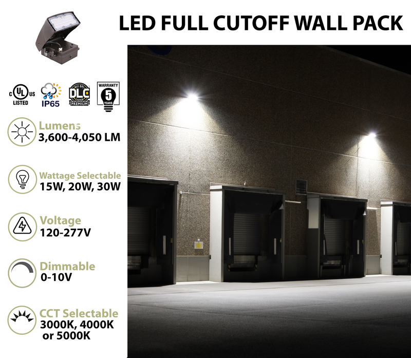 LED Adjustable Wall Pack, 4050 Lumen Max, Wattage and CCT Selectable, Integrated Photocell,120-277V