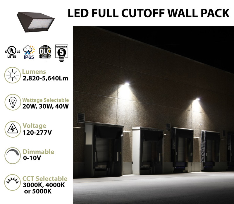 LED Traditional Cutoff Wall Pack, 5640 Lumen Max, Wattage and CCT Selectable, Integrated Photocell,120-277V