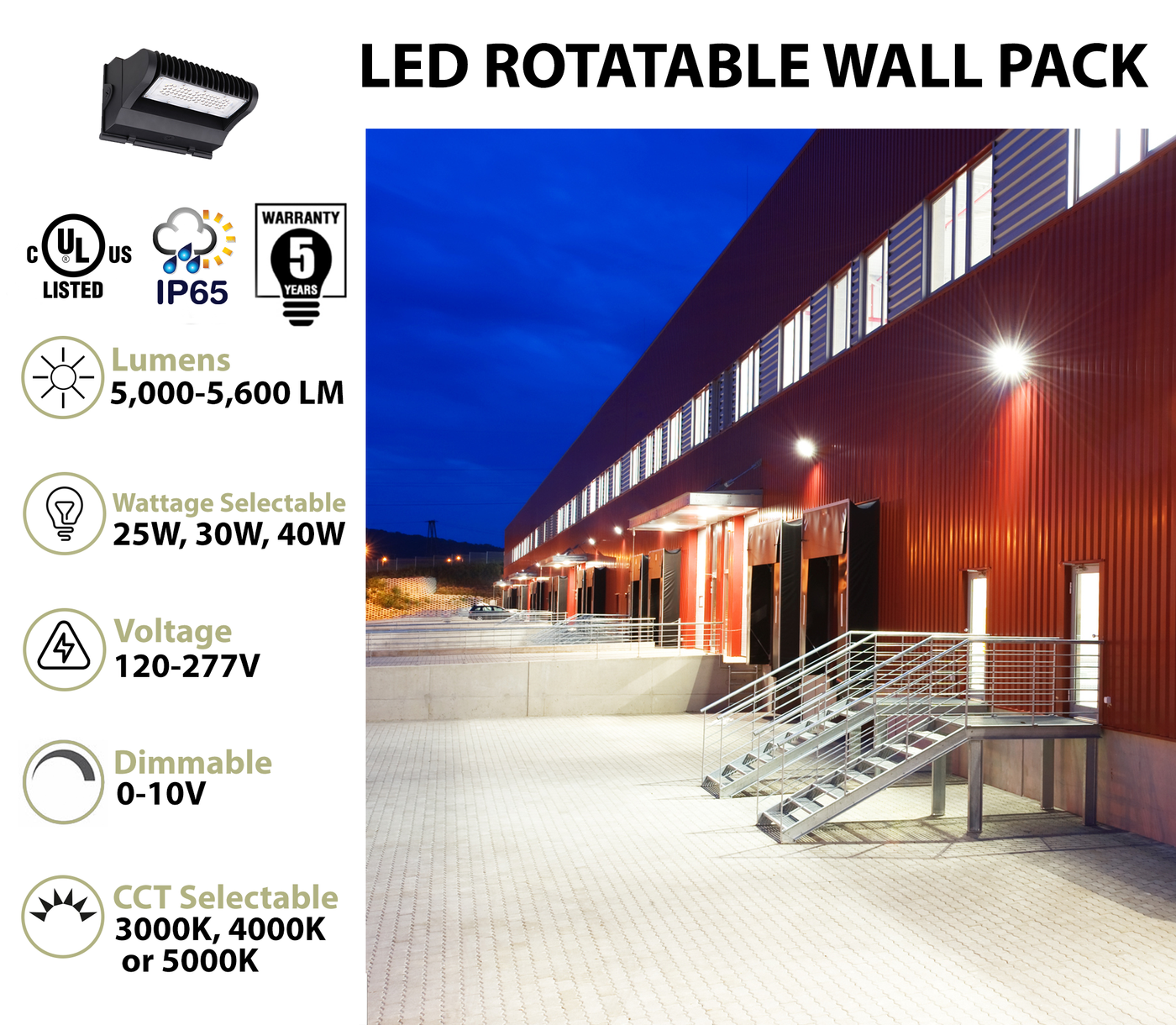 LED Adjustable Wall Pack, 5600 Lumen Max, Wattage and CCT Selectable, Integrated Photocell, 120-277V
