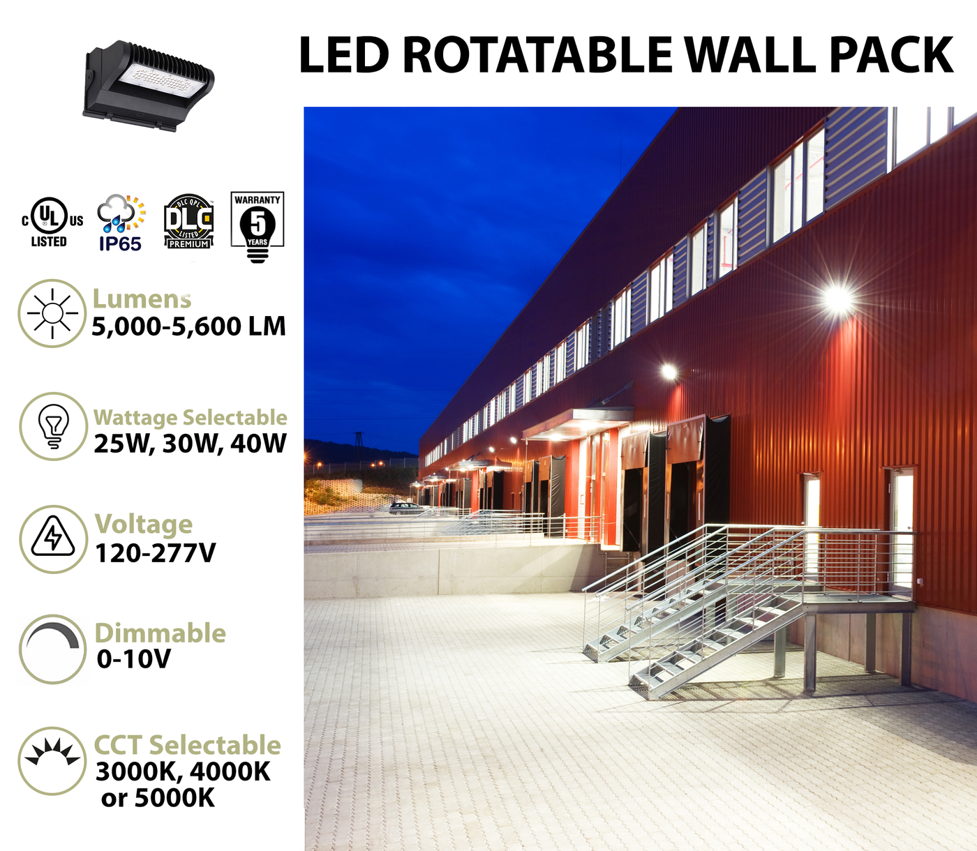 LED Adjustable Wall Pack, 5600 Lumen Max, Wattage and CCT Selectable, Integrated Photocell, 120-277V