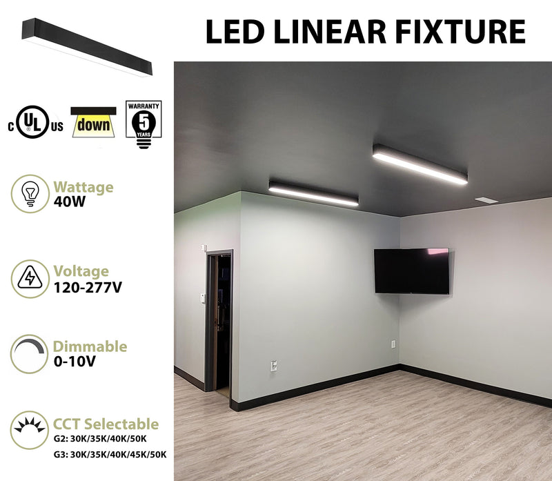 4 FT LED Linear Fixture G2, 4800 Lumen Max, 40 Watt, CCT Selectable,  120-277V, Black, White or Silver Finish