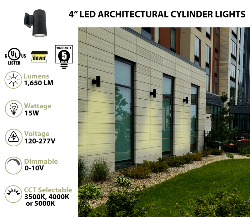 4" LED Architectural Outdoor Wall Mount Cylinder Light, 1650 Lumens, 15W, CCT Selectable, 120-277V, Black or White