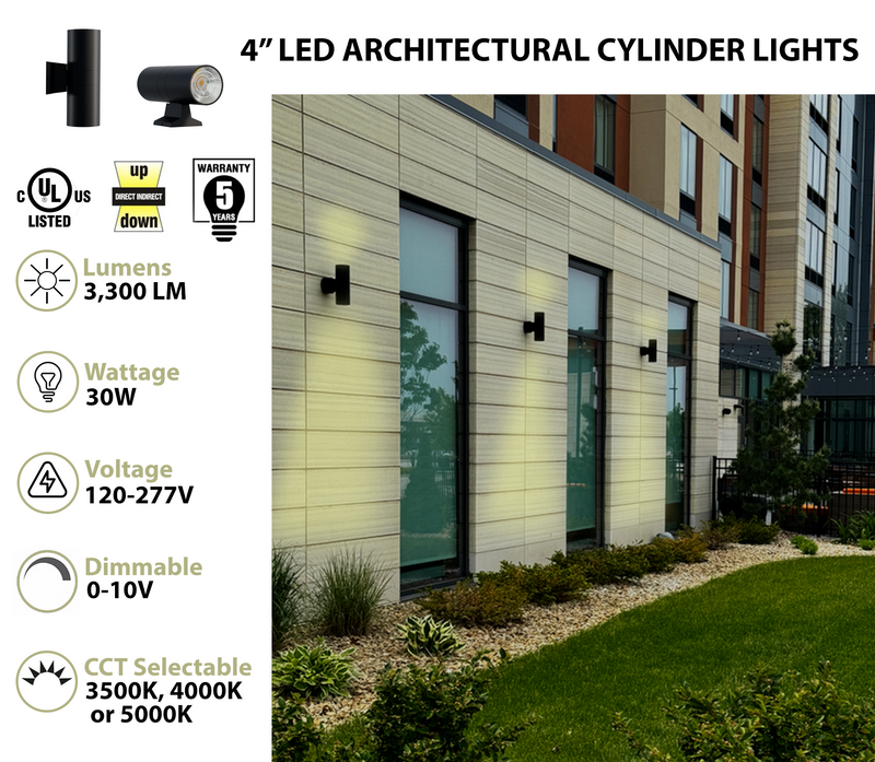 4" LED Architectural Outdoor Wall Mount Cylinder Light, 3300 Lumens, 30W Direct/Indirect, CCT Selectable, 120-277V, Black or White