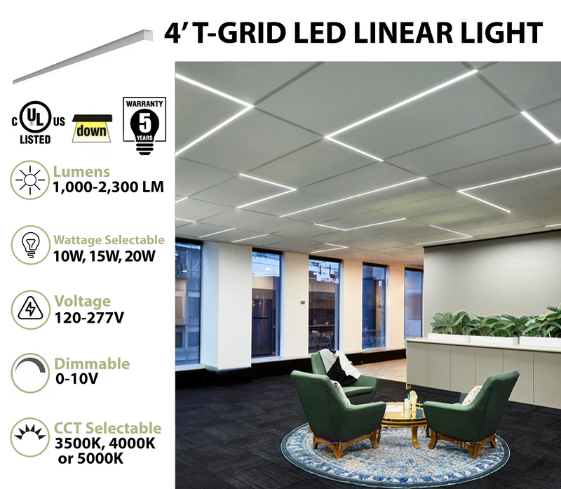 4FT LED Linear Fixture, 2300 Lumen Max, Wattage and CCT Selectable, 120-277V