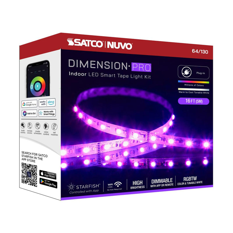 Dimension Pro, Tape Light Strip, 16 ft, Hi-Output, RGB plus Tunable White, Plug connection, Starfish IOT Capable, IR Remote Included