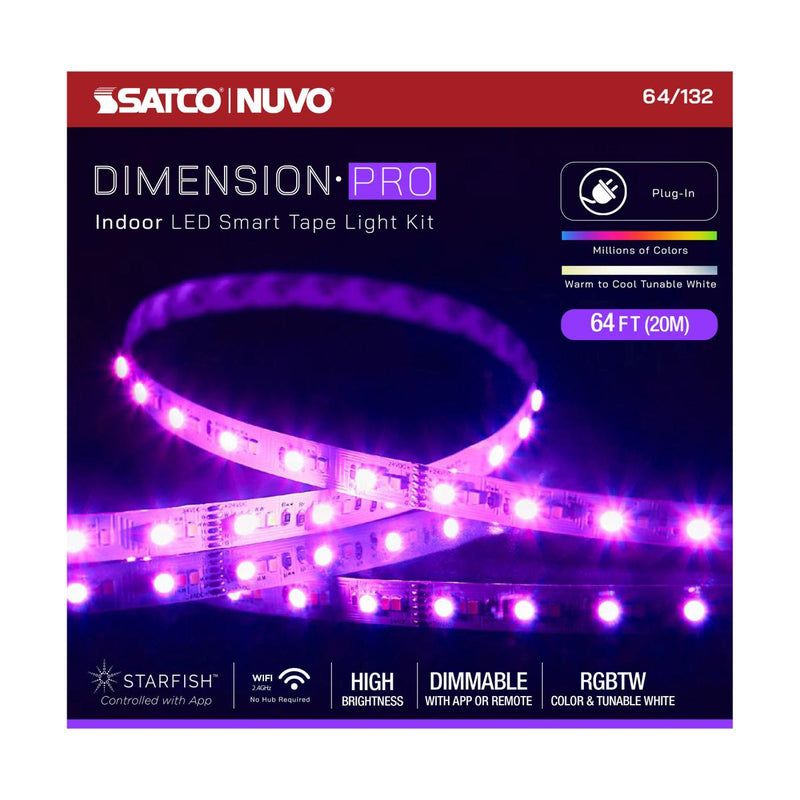 Dimension Pro, Tape Light Strip; 64 ft, Hi-Output, RGB plus Tunable White, Plug connection, Starfish IOT Capable, IR Remote Included