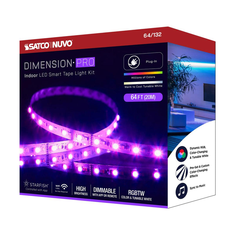 Dimension Pro, Tape Light Strip; 64 ft, Hi-Output, RGB plus Tunable White, Plug connection, Starfish IOT Capable, IR Remote Included