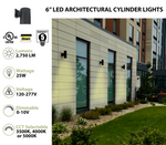 6" LED Architectural Outdoor Wall Mount Cylinder Light, 2750 Lumens, 25W, CCT Selectable, 120-277V, Black or White