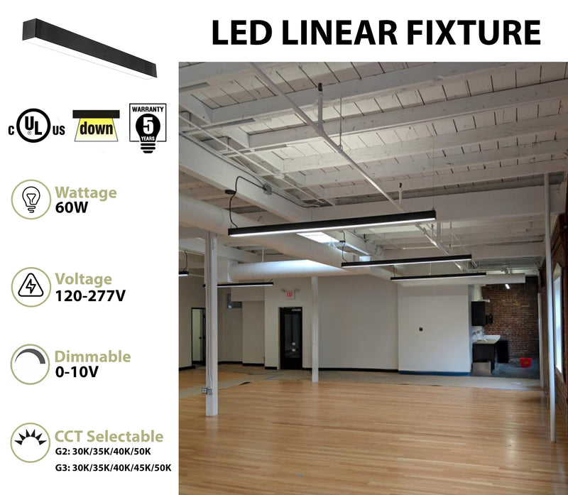 6 FT LED Linear Fixture, 6600 Lumens, 60W, CCT Selectable, 120-277V, Black or White Finish