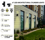 6" LED Architectural Outdoor Wall Mount Cylinder Light, 5500 Lumens, 50W Direct/Indirect, CCT Selectable, 120-277V, Black or White