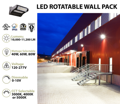 LED Adjustable Wall Pack, 11,200 Lumen Max, Wattage and CCT Selectable, Integrated Photocell, 120-277V