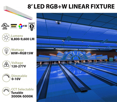8FT LED RGBW Linear Fixture, 9600 Lumen Max, 80W, CCT Selectable, 120-277V, Black or White Finish