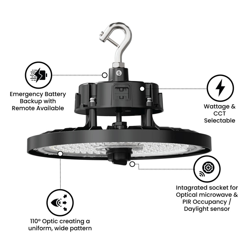 6PK Aries G3 LED UFO High Bay, 21,000 Lumen Max, 80/100/150 Wattage and CCT Selectable, 120-277V, Black Finish, Comparable to 320-400 Watt Fixture