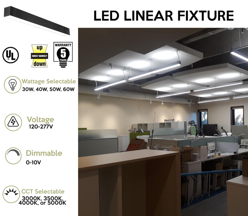 4 FT LED Direct/Indirect Suspended Linear Fixture G2, 6900 Lumen Max, Wattage and CCT Selectable, 120-277V, 5W Emergency Battery Backup Factory Installed, Silver Finish