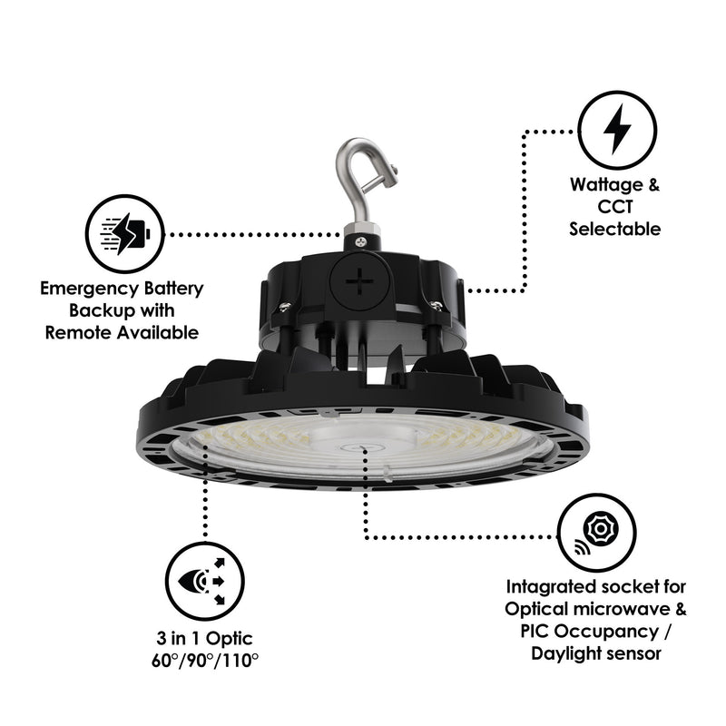 Aries G4 LED UFO High Bay, 24,000 Lumen Max, Wattage and CCT Selectable,  Black Finish, Comparable to 320-400 Watt HID Fixture, 120-277V