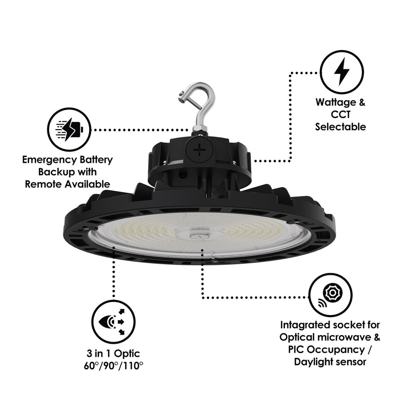 Aries G4 LED UFO High Bay, 38,400 Lumen Max, Wattage and CCT Selectable, Black Finish, Comparable to 750-1000 Watt HID Fixture, 120-277V