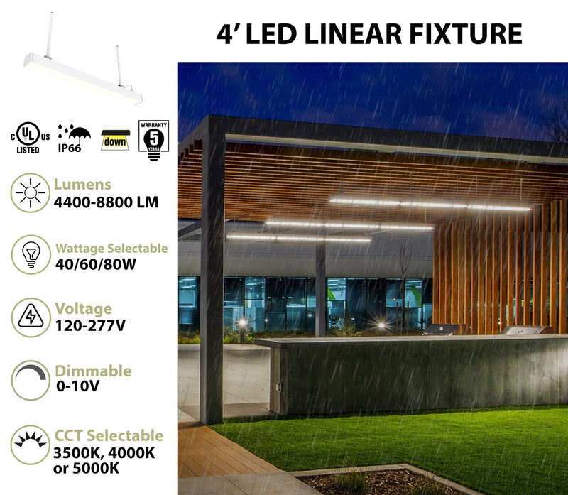 4 FT Outdoor LED Linear Fixture, 8800 Lumen Max,  Wattage and CCT Selectable, IP66 Rated, Suspended Mount with Linking Kit Option, 120-277V