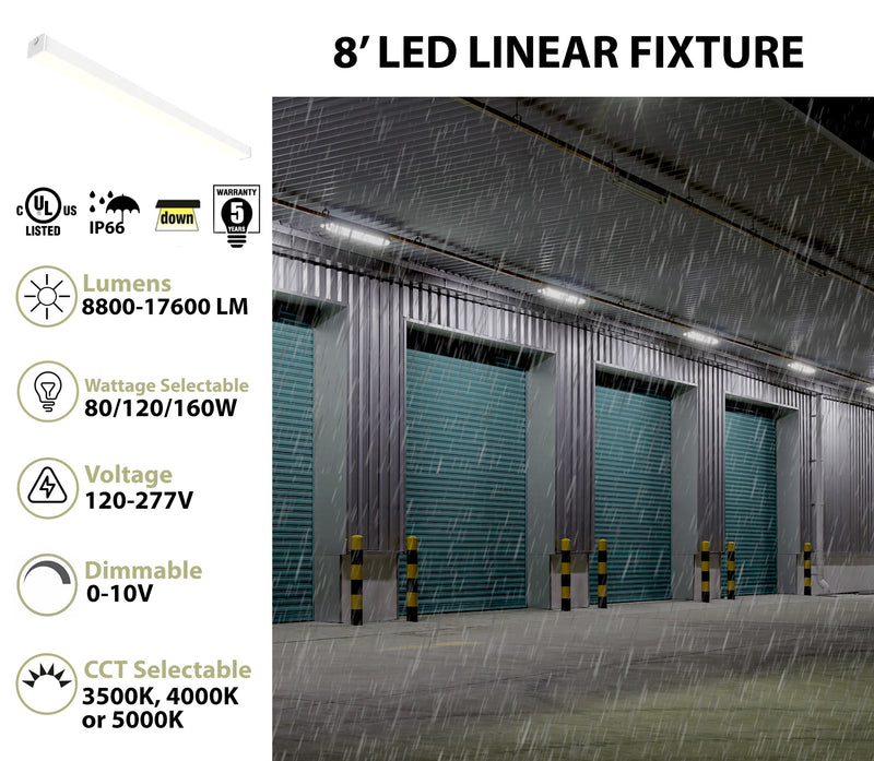 8 FT Outdoor LED Linear Fixture, 17,600 Lumen Max, Wattage and CCT Selectable, IP66 Rated, Surface Mounted, 120-277V