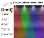 6 Inch LED RGB+W Smart Square Retrofit Downlight, 12W, CCT Selectable, 120V