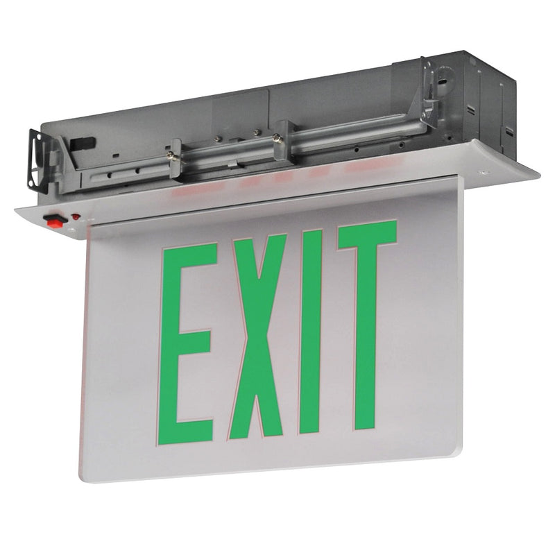 LED Recessed Aluminum Edge Lit Exit Sign, Single Face, Red Lettering, Clear Panel, White Finish