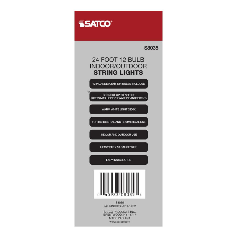 24Ft, Incandescent String Light, Includes 12-S14 bulbs, 120 Volts