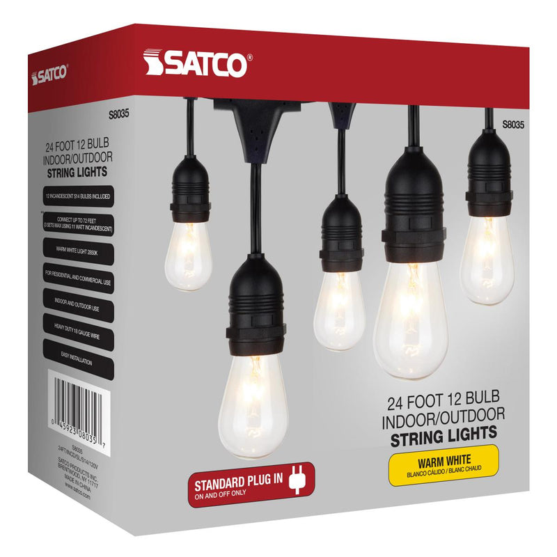 24Ft, Incandescent String Light, Includes 12-S14 bulbs, 120 Volts