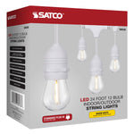 24Ft, LED String Light; Includes 12-S14 bulbs, 2200K, White Cord