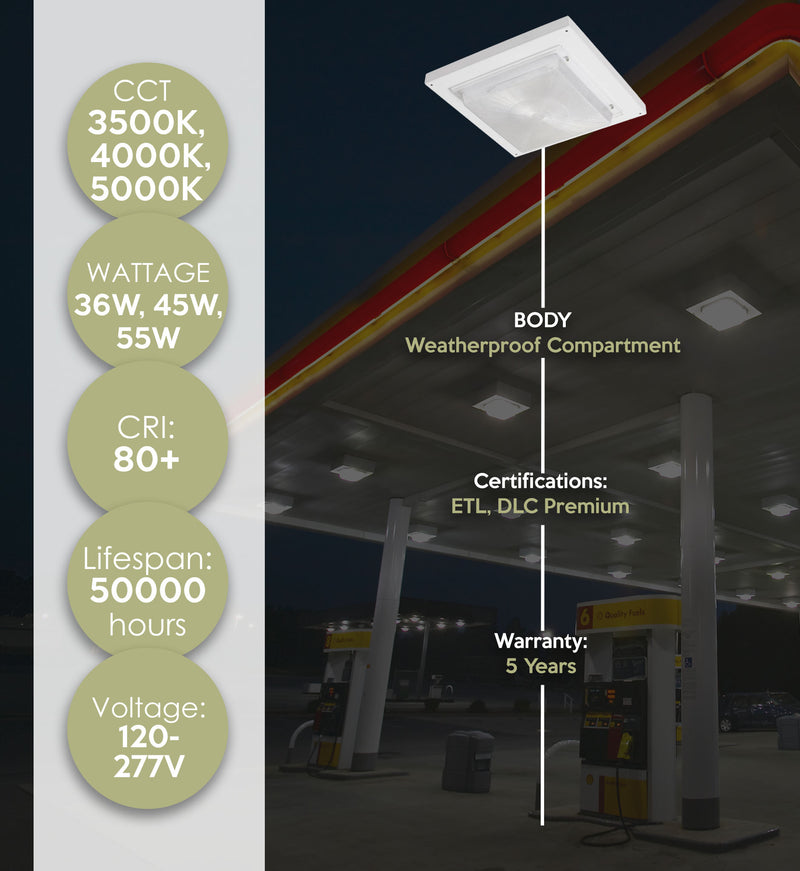 LED Canopy Light, 6,600 Lumens, CCT and Wattage Selectable, 120-277V