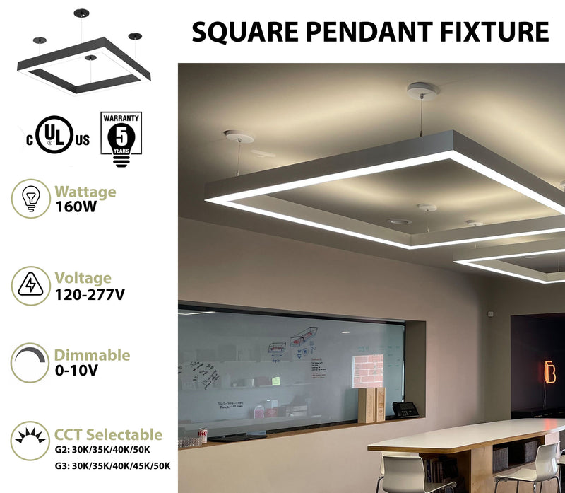 4x4 Square Pattern LED Linear Direct Pendant Fixture, 17,600 Lumens, 160 Watt, 120-277V, CCT Selectable, White or Black Finish