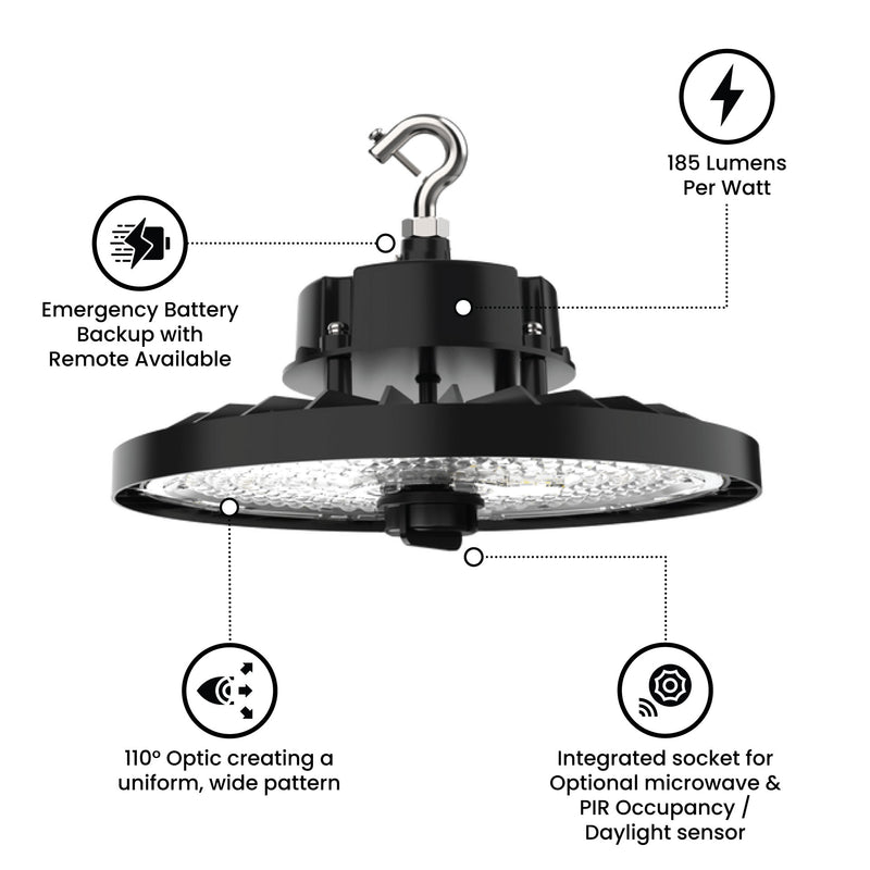 Saturn LED UFO High Bay, 200 Watt, 120-277V, 37,000 Lumens, 5000K CCT, Black Finish